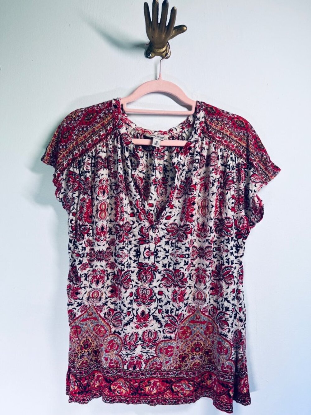 Lucky Brand Womens Floral Boho Top Multicolor Size M Short-Sleeve Lightweight